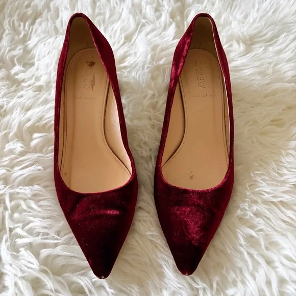 J. Crew | Avery Block Heel Pumps Velvet Pointed Toe Burgundy Red Holiday Size 8 - Picture 2 of 9